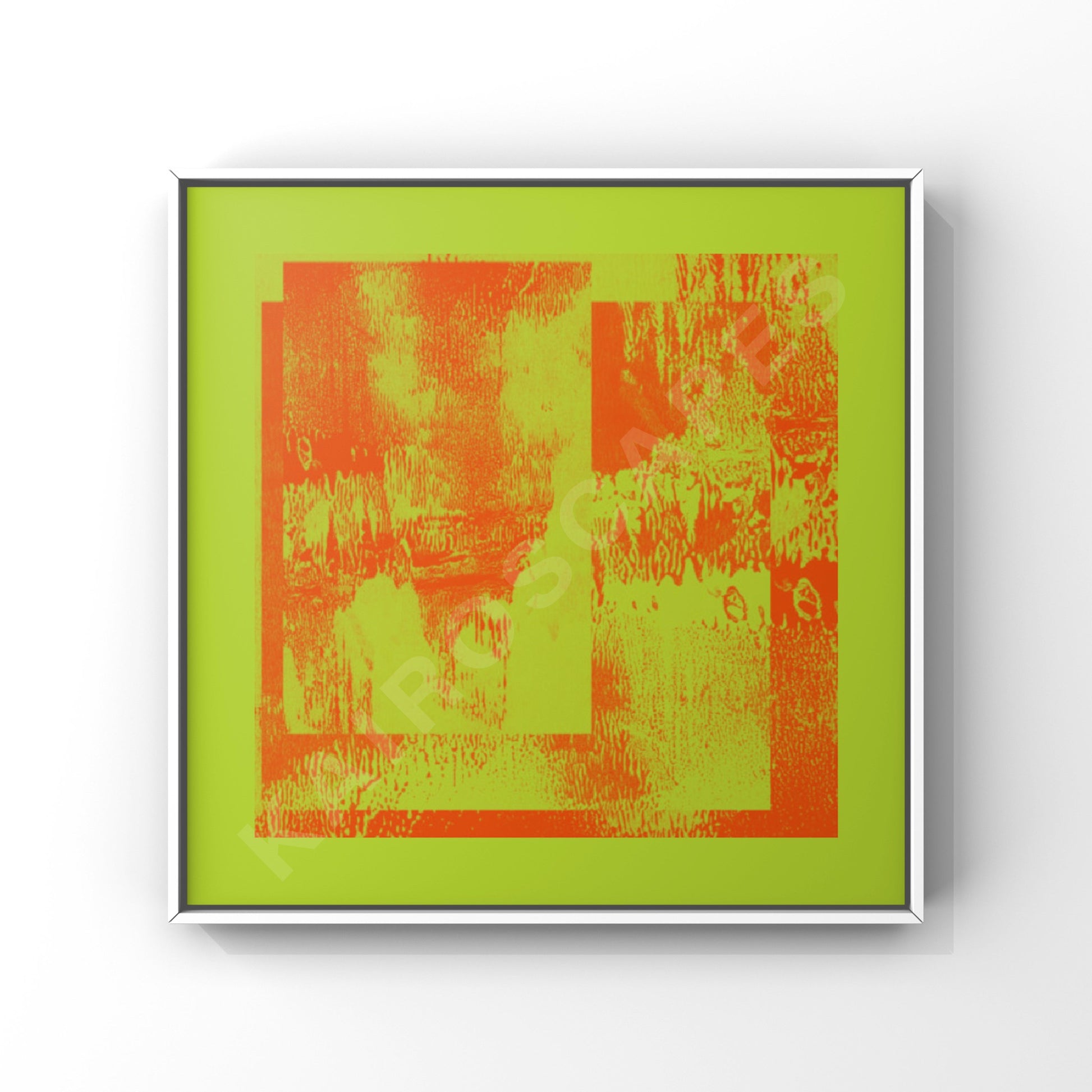 mockup of a white-framed print showcasing a dynamic monoprint collage with neon green and orange colors, appealing to musicians in need of distinctive cover art.