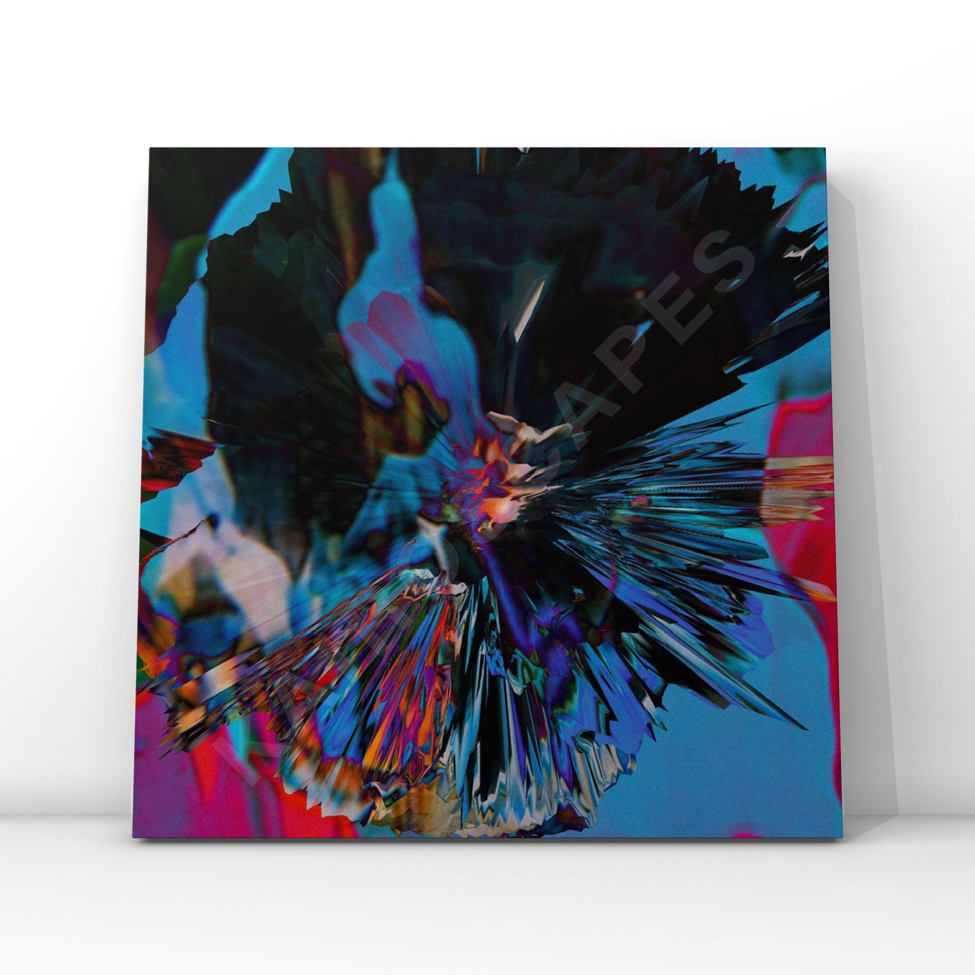 mockup of a vinyl record cover showcasing vibrant pink and blue colour pop flower artwork, designed to attract musicians seeking cheerful and eye-catching cover art.