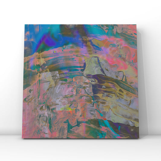 mockup of a vinyl record cover showcasing mesmerizing pastel reflective abstract paint artwork, designed to attract musicians seeking elegant and artistic cover art.