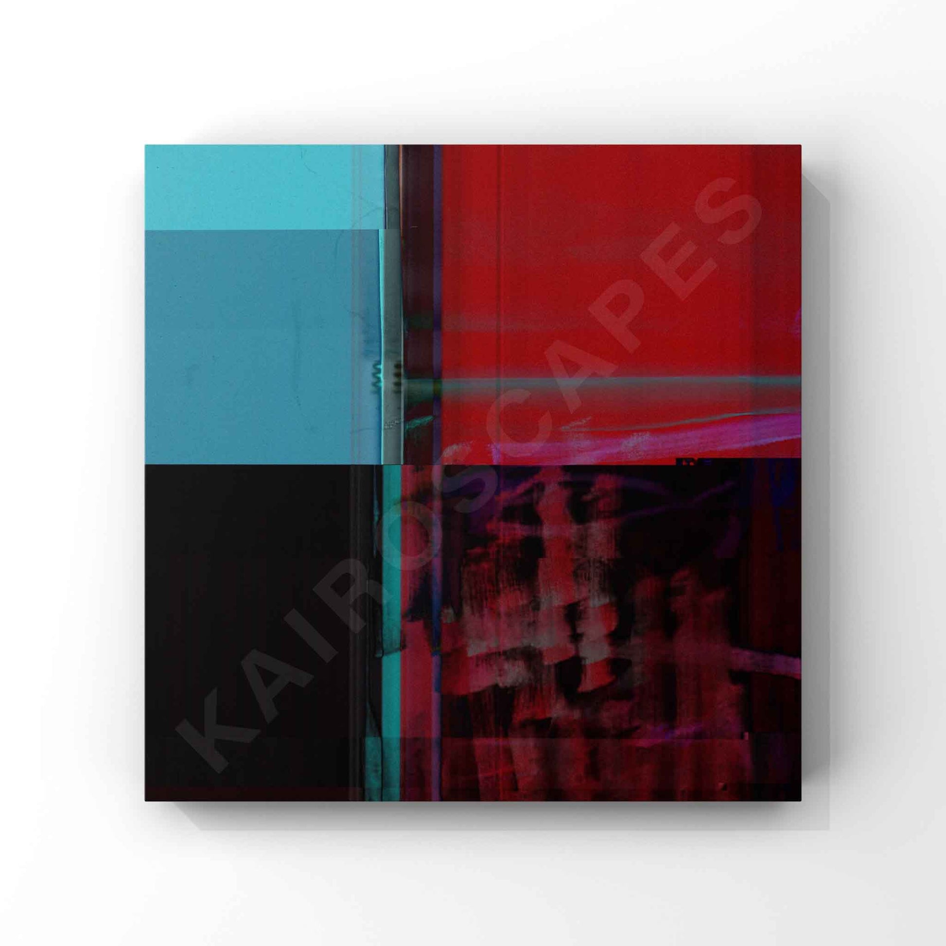 abstract composition with striking red and teal blocks of color, intersected with black. the contrasting forms and rich colors evoke a sense of intensity, ideal for bold, industrial, or electronic music covers.