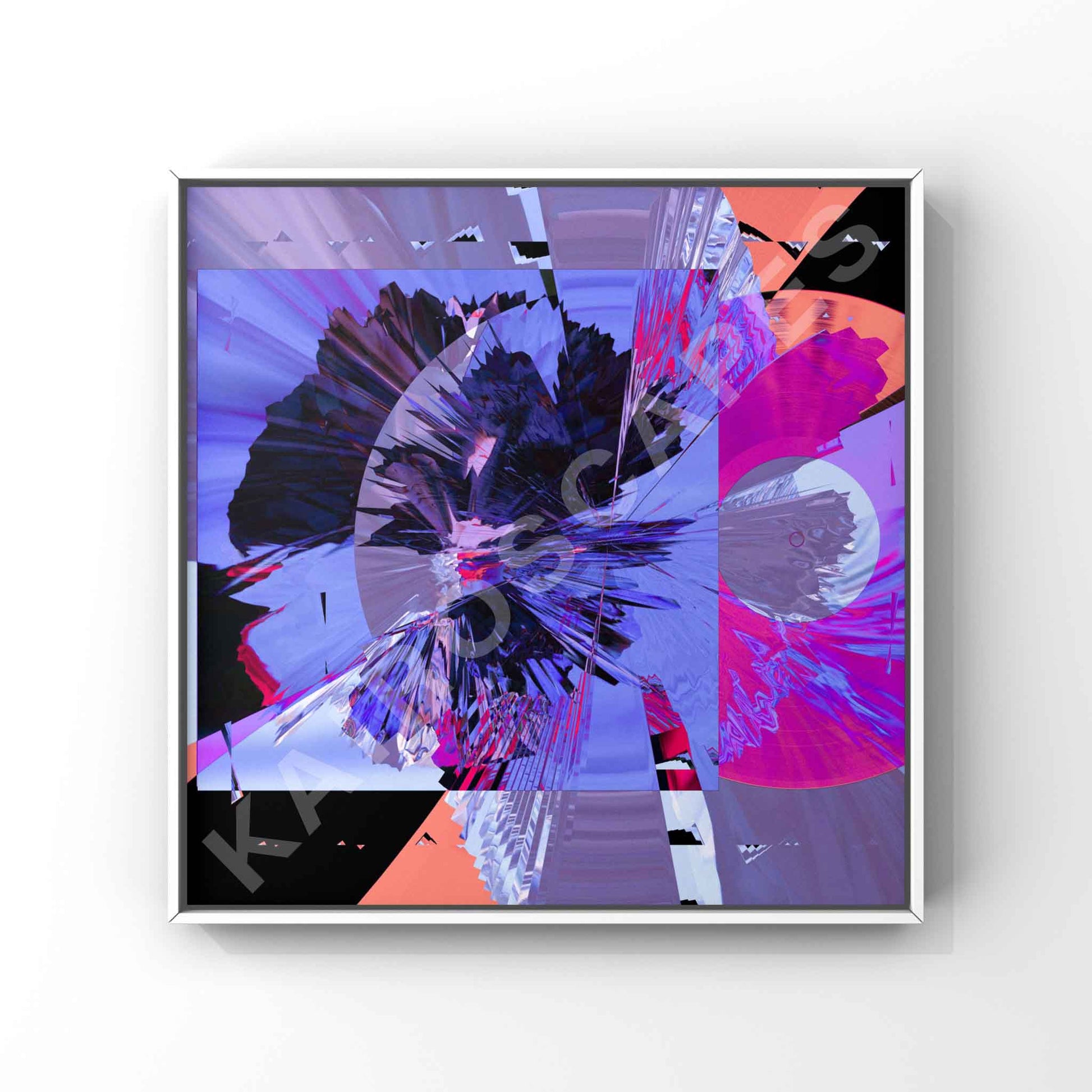 vibrant abstract design with fragmented shapes in purple, blue, pink, and black. the energetic color palette and geometric patterns create a striking, futuristic aesthetic for electronic, synthwave, or industrial music covers.