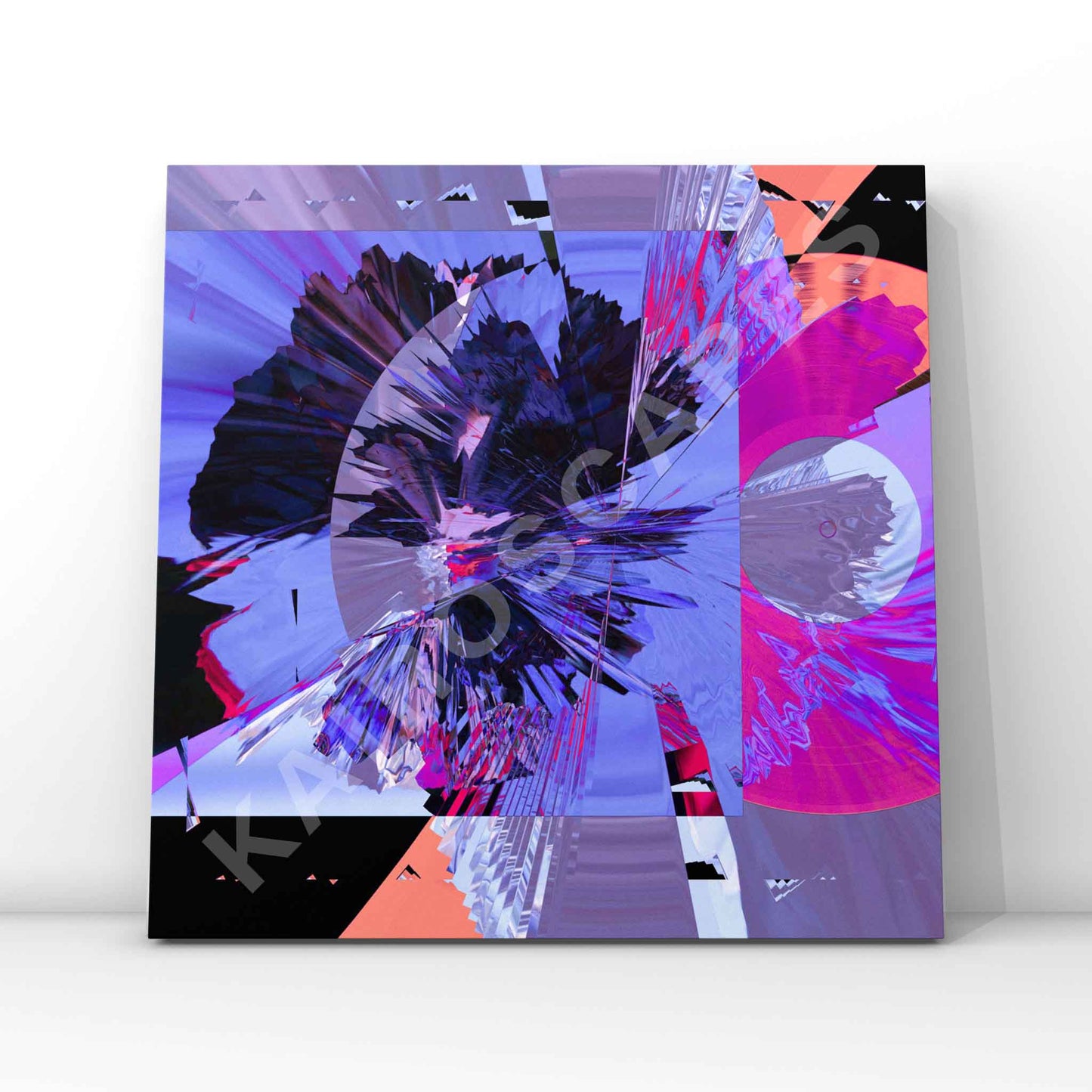 abstract digital artwork with a dynamic explosion of purple, blue, pink, and black geometric shapes. the sharp contrasts and vibrant colors create an energetic, futuristic design, perfect for electronic, synthwave, and experimental music covers.