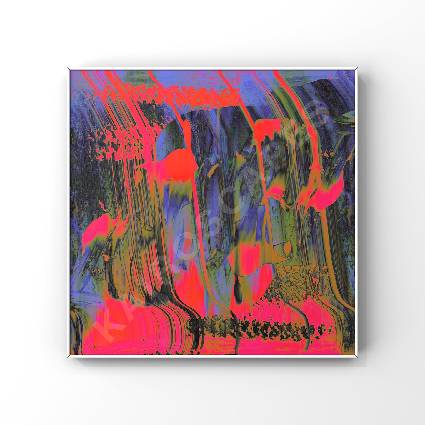 "Mockup of a white-framed print showcasing bold abstract digital painting in hot pink and lilac, appealing to musicians in need of eye-catching cover art."