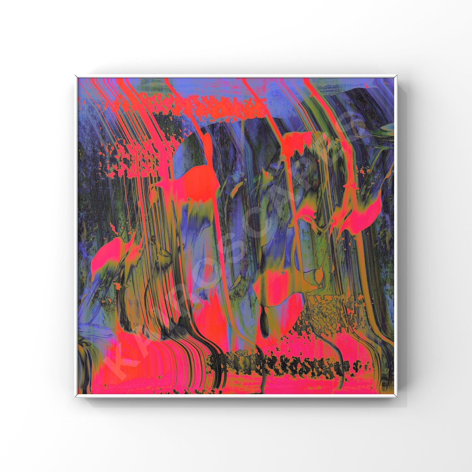 "Mockup of a white-framed print showcasing bold abstract digital painting in hot pink and lilac, appealing to musicians in need of eye-catching cover art."