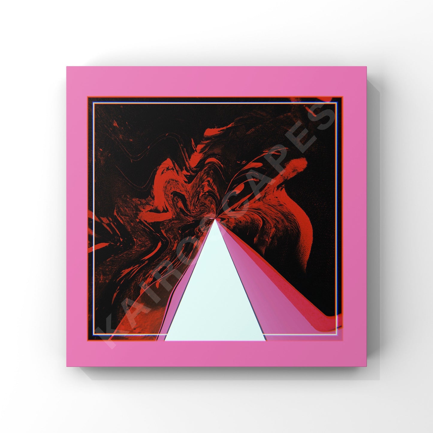 Square mockup of cover art displaying pink geometric collage with red fluid distorted paint, intended for musicians looking for creative and vibrant cover designs."