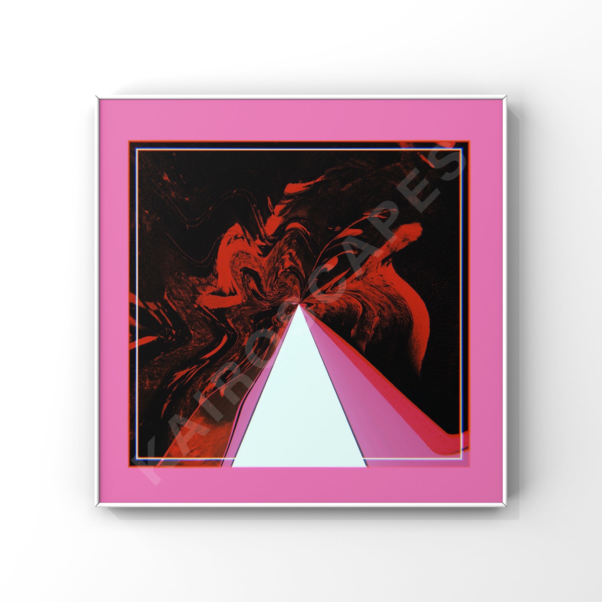 Mockup of a white-framed print showcasing pink retro collage style geometric artwork with distorted red paint swirls, appealing to musicians in need of distinctive cover art."