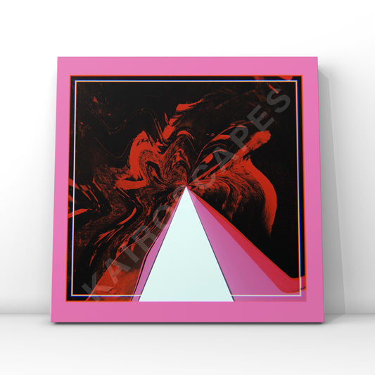 Mockup of a vinyl record cover featuring pink retro collage geometric artwork with red fluid swirling paint, designed to attract musicians seeking unique cover art."