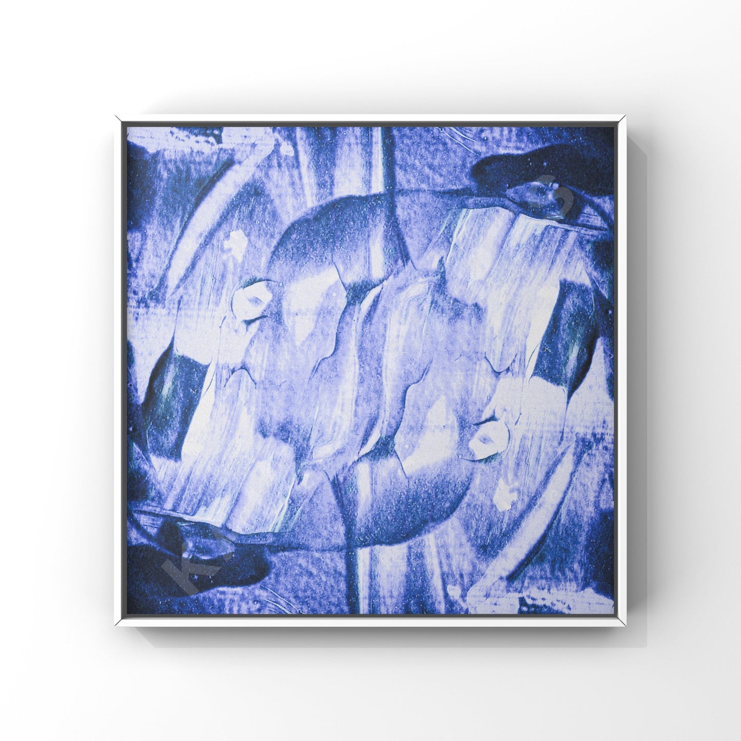 ‘Mockup of a white-framed print showcasing textural abstract cover art in lilac with bold brush strokes."